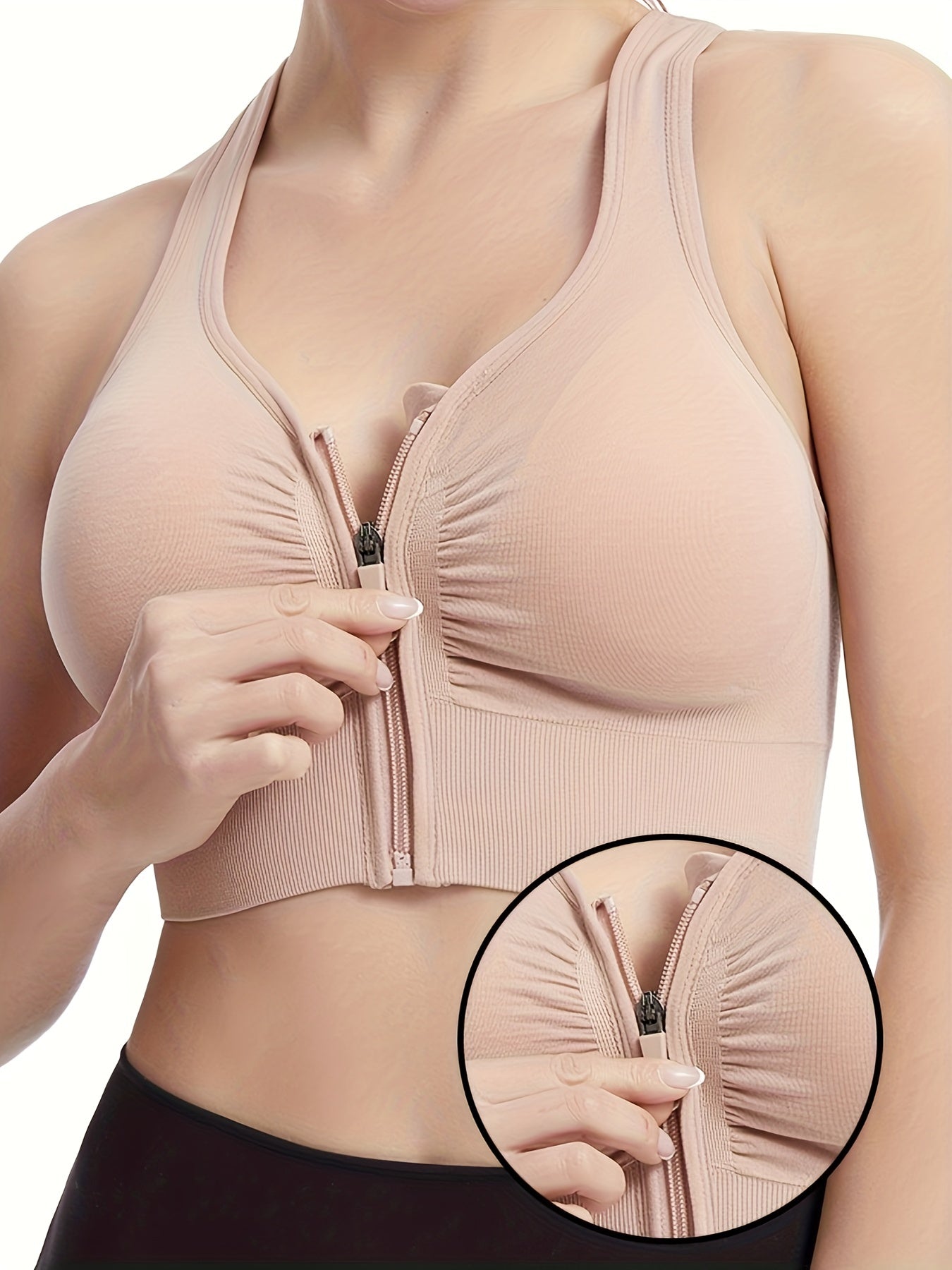  Women's Zipper Front Sports Bra Racer Back Fitness Bra