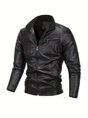 Men's Casual Stand Collar Faux Leather Jacket for Spring Fall