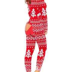 Christmas Print Pajama Jumpsuit Long Sleeve V Neck Pajamas