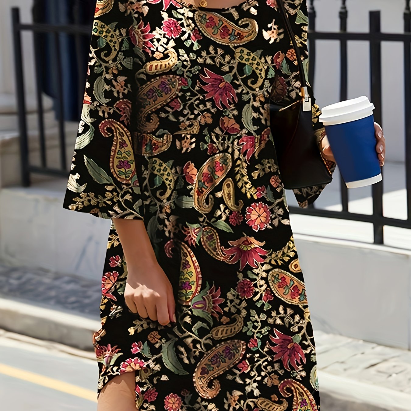 Paisley Floral Print Long Sleeve Boho Dress