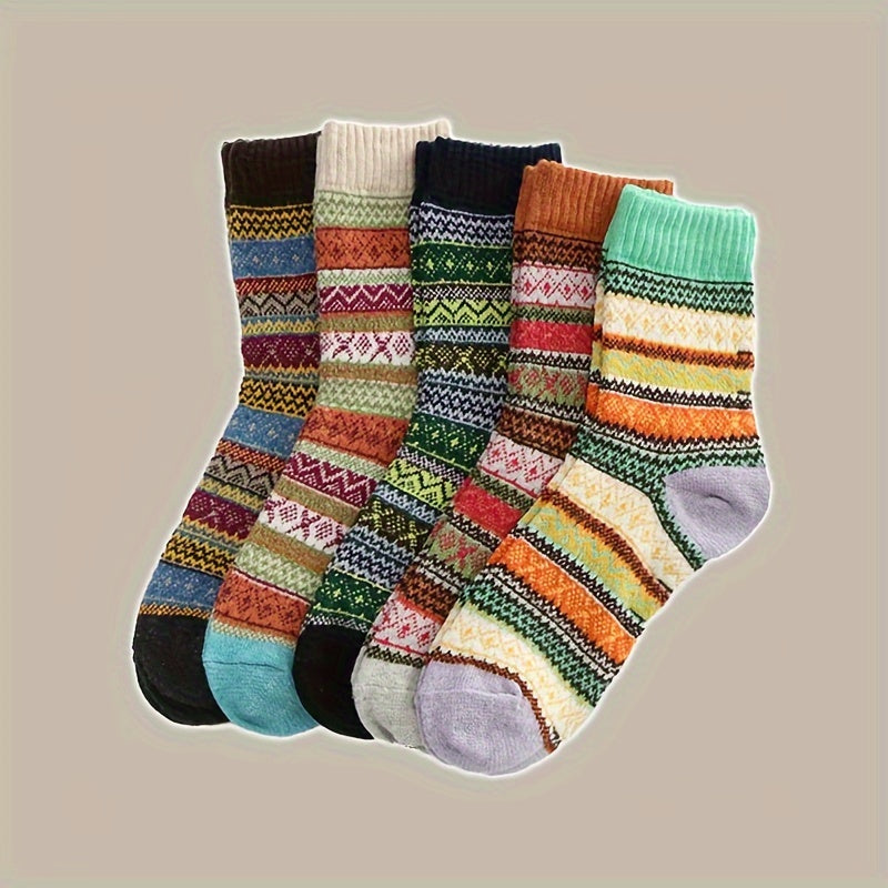 5 Pairs Geometric Pattern Socks Warm Mid Tube Women's Stockings
