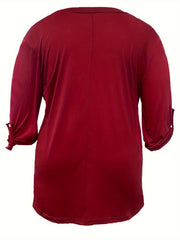  Casual Blouse Women's Solid Roll Up Long Sleeve V Neck Top