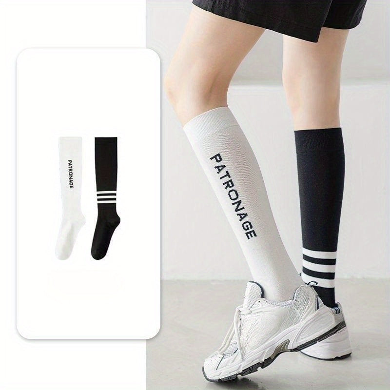 Letter & Stripe Print Calf Socks Colorblock Knee High Socks