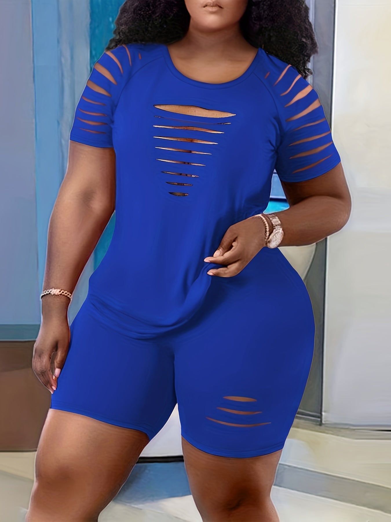 Women's Plus Solid Cut Out Tee & Biker Shorts Set