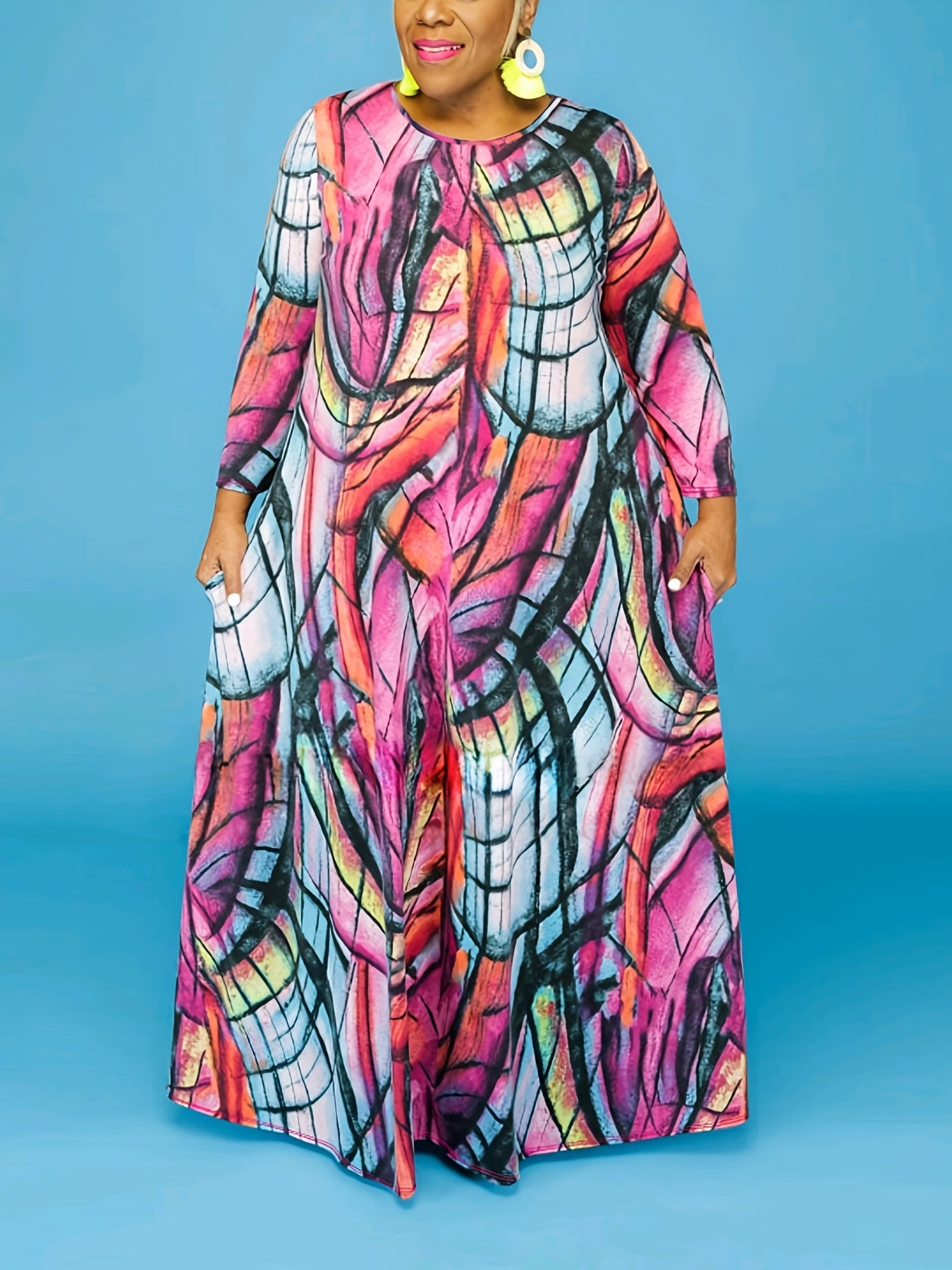  Allover Print Long Sleeve Maxi Dress With Pockets