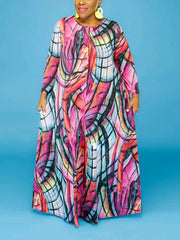  Allover Print Long Sleeve Maxi Dress With Pockets