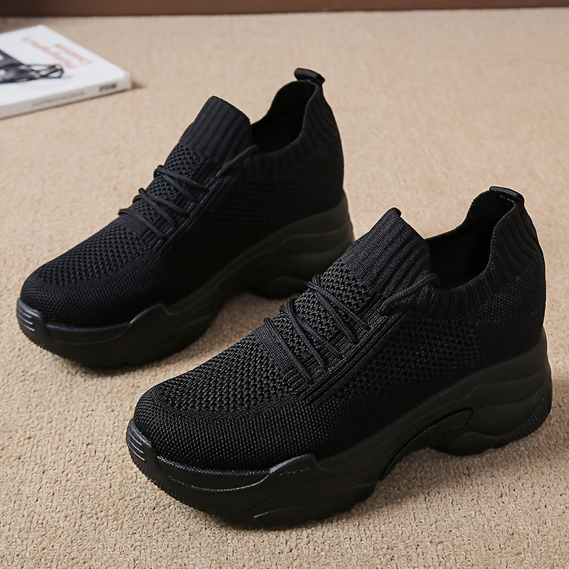 Women's Knit Platform Sneakers Breathable Lace Up Outdoor Shoes Lightweight