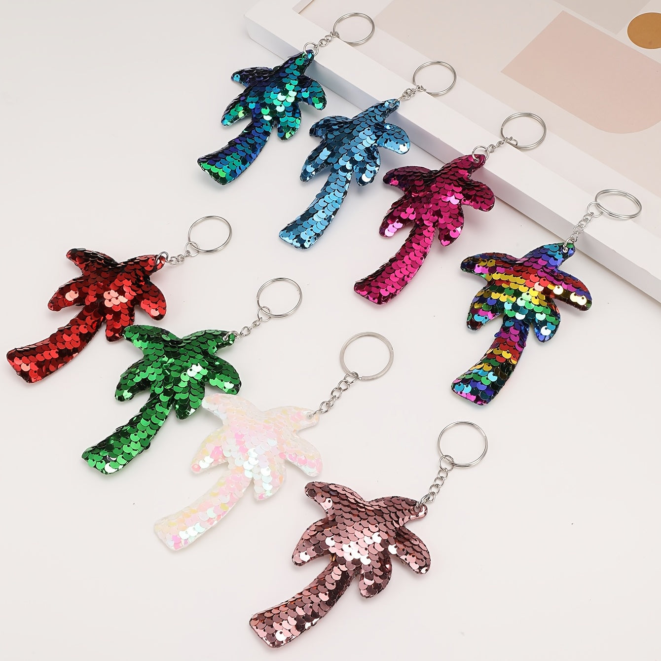 8pcs Coconut Tree Keychain Sequin Pendant Cartoon Bag Key Chain Keyring
