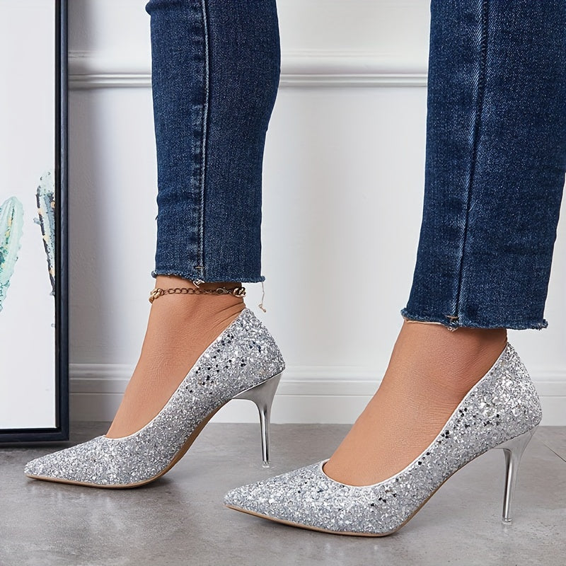 Women's Bling Sequins High Heels Glitter Pointed Toe Wedding Dress Pumps