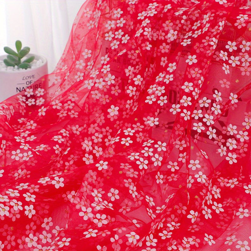 Soft Flowers Print Tulle Mesh Fabric Red Pink Daisy Ribbon 150x91cm