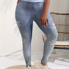  Ripped Denim Print High Rise Leggings