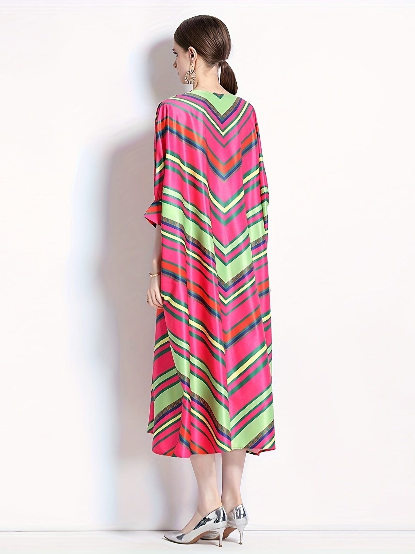  Colorblock Stripe Print V Neck Midi Dress