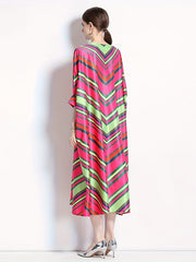  Colorblock Stripe Print V Neck Midi Dress