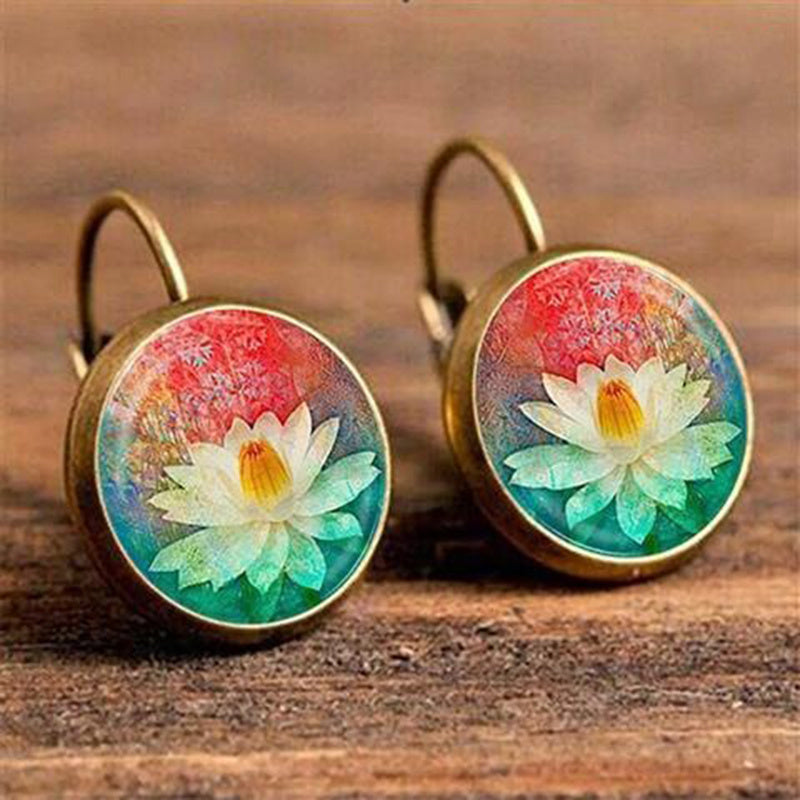 Ethnic Style Time Gemstone Earrings Lotus Violet Pattern Vintage Style Earrings