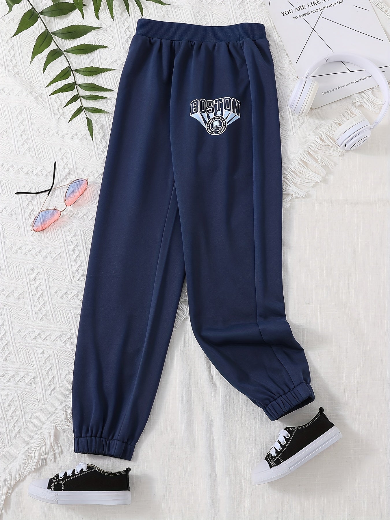 BOSTON Letter Print Girls Casual Active Sweatpants Quick Drying Jogger Pants