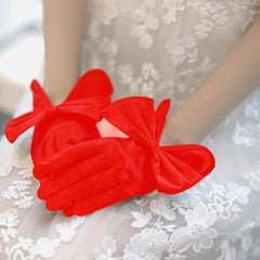 Bride Short Satin Elastic Big Bow Wedding Gloves Red Beige