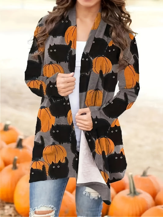  Halloween Cat & Pumpkin Print Cardigan