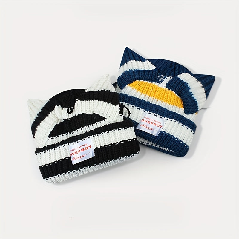 Y2K Block Knitted Beanie Pig Ears Warm Skull Cap Unisex Hip Hop