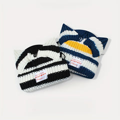Y2K Block Knitted Beanie Pig Ears Warm Skull Cap Unisex Hip Hop