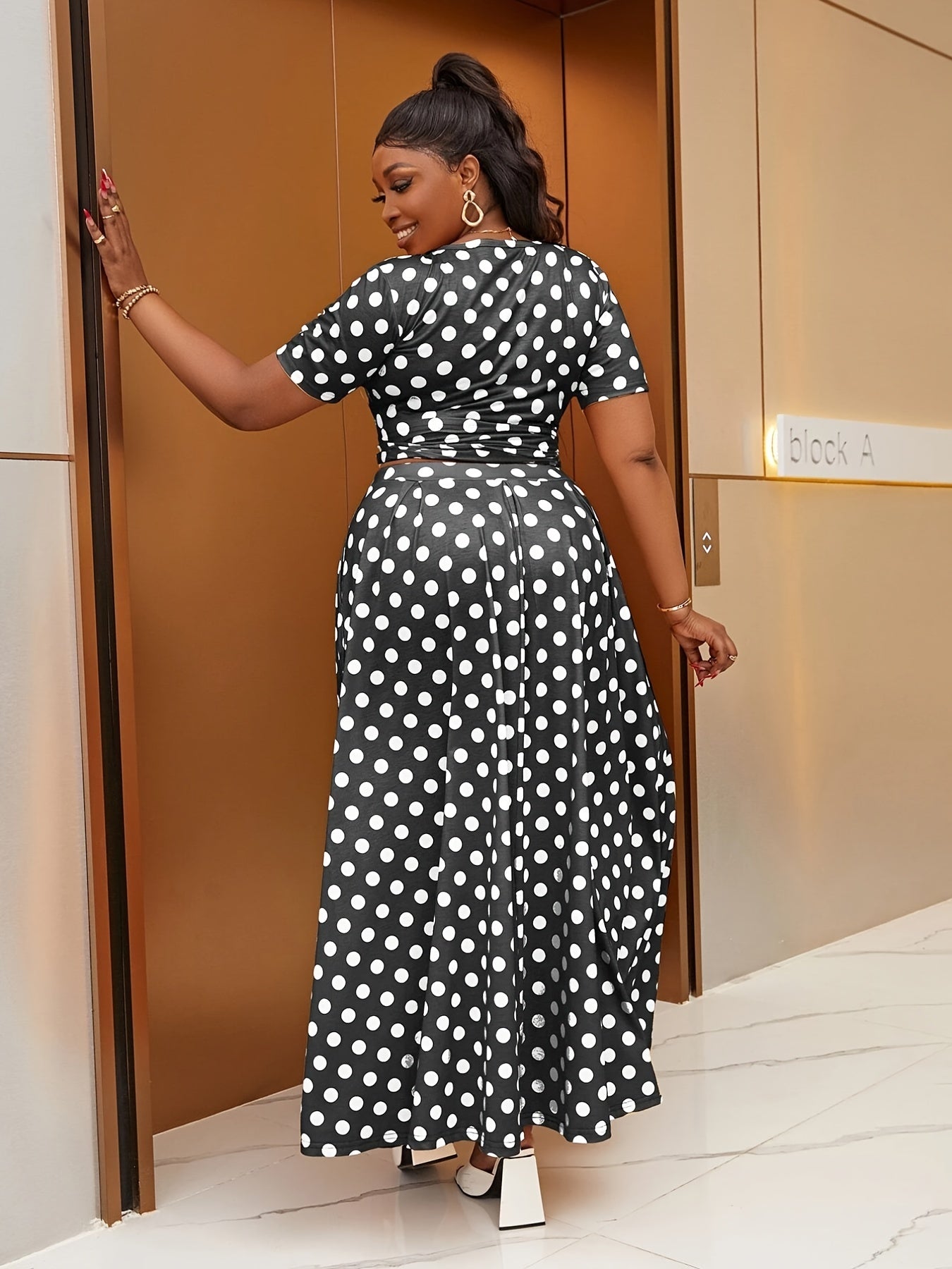  Polka Print Two Piece Set Crop Top & Maxi Skirt