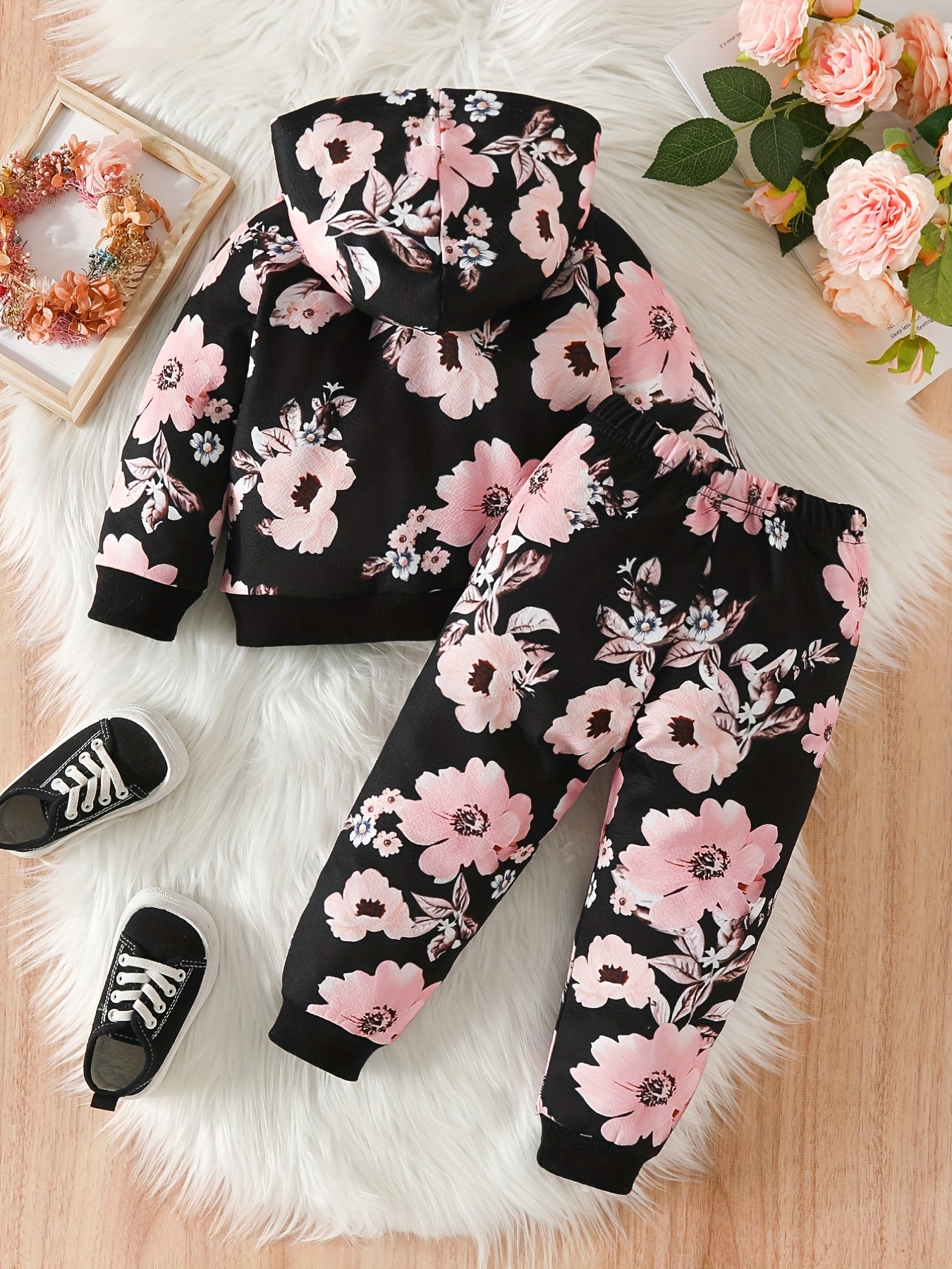 2pc Baby Girls Flower Print Hoodie Pants Set