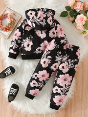 2pc Baby Girls Flower Print Hoodie Pants Set