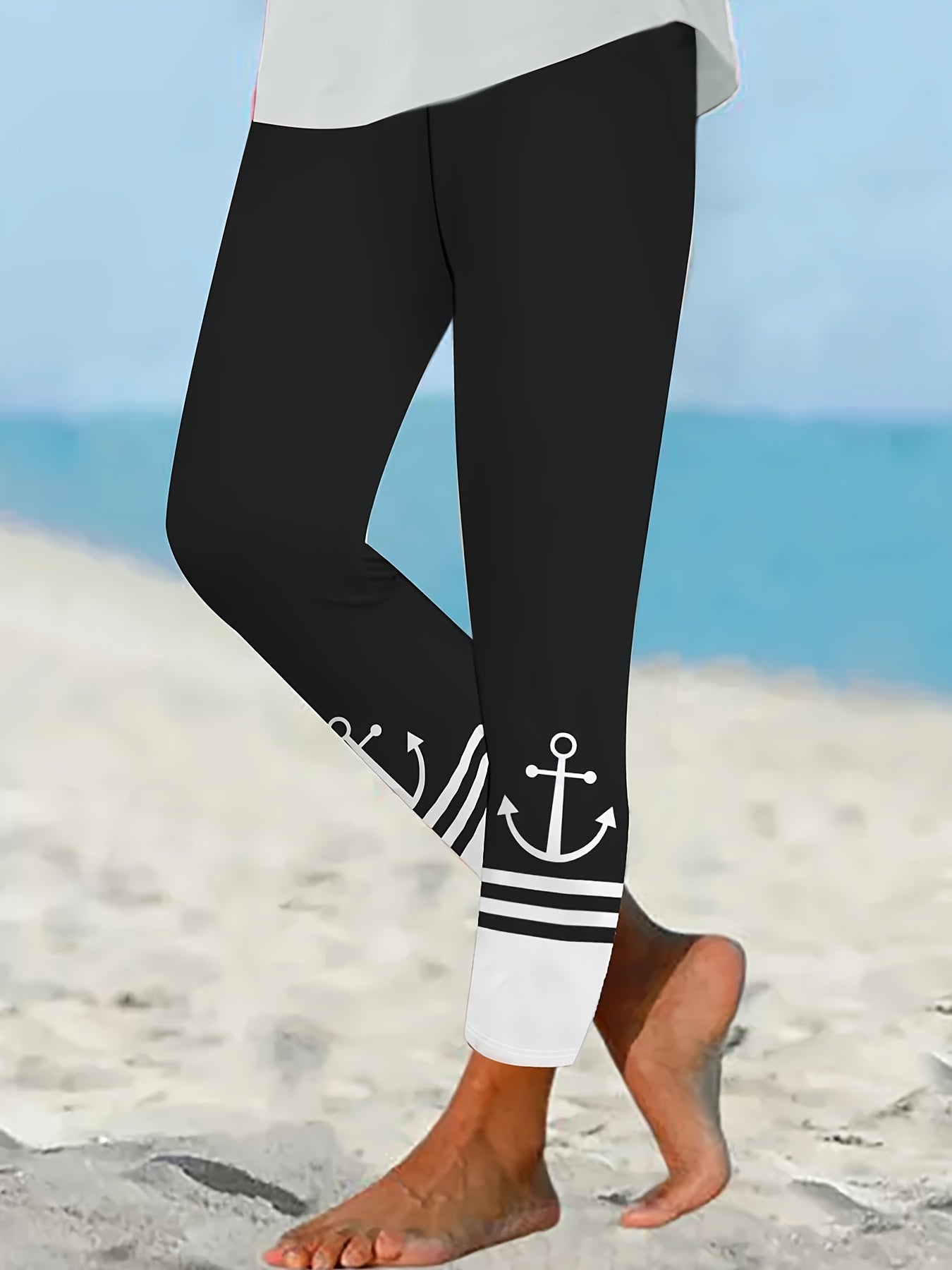  Casual Leggings Women's Plus Colorblock Anchor Print Leggings