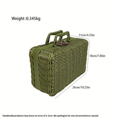 Vintage Handbag Storage Box Natural Green Rattan Woven Picnic Basket