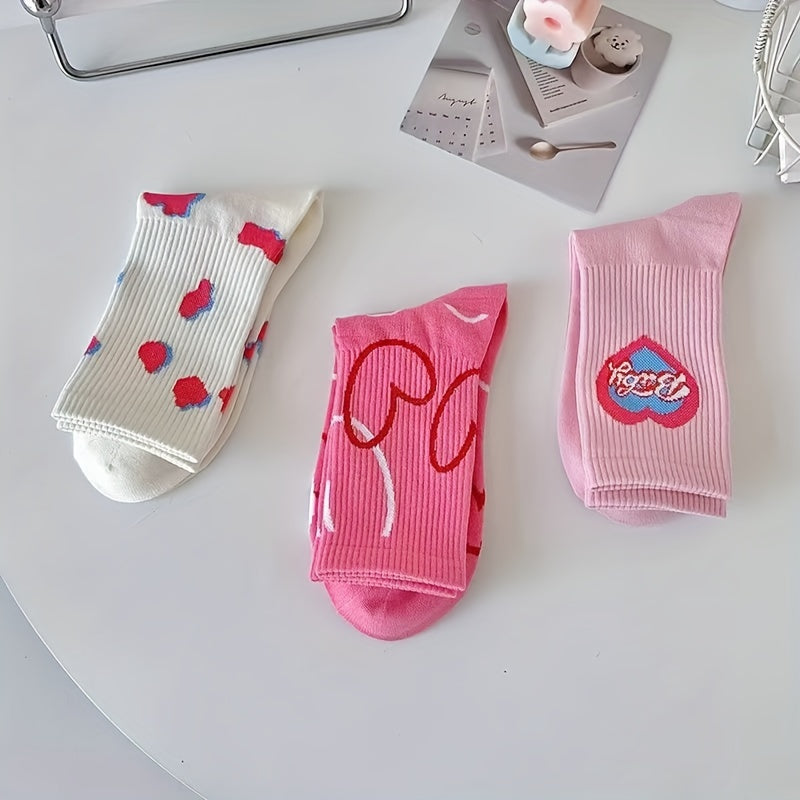 3 Pairs Heart Print Socks for Women