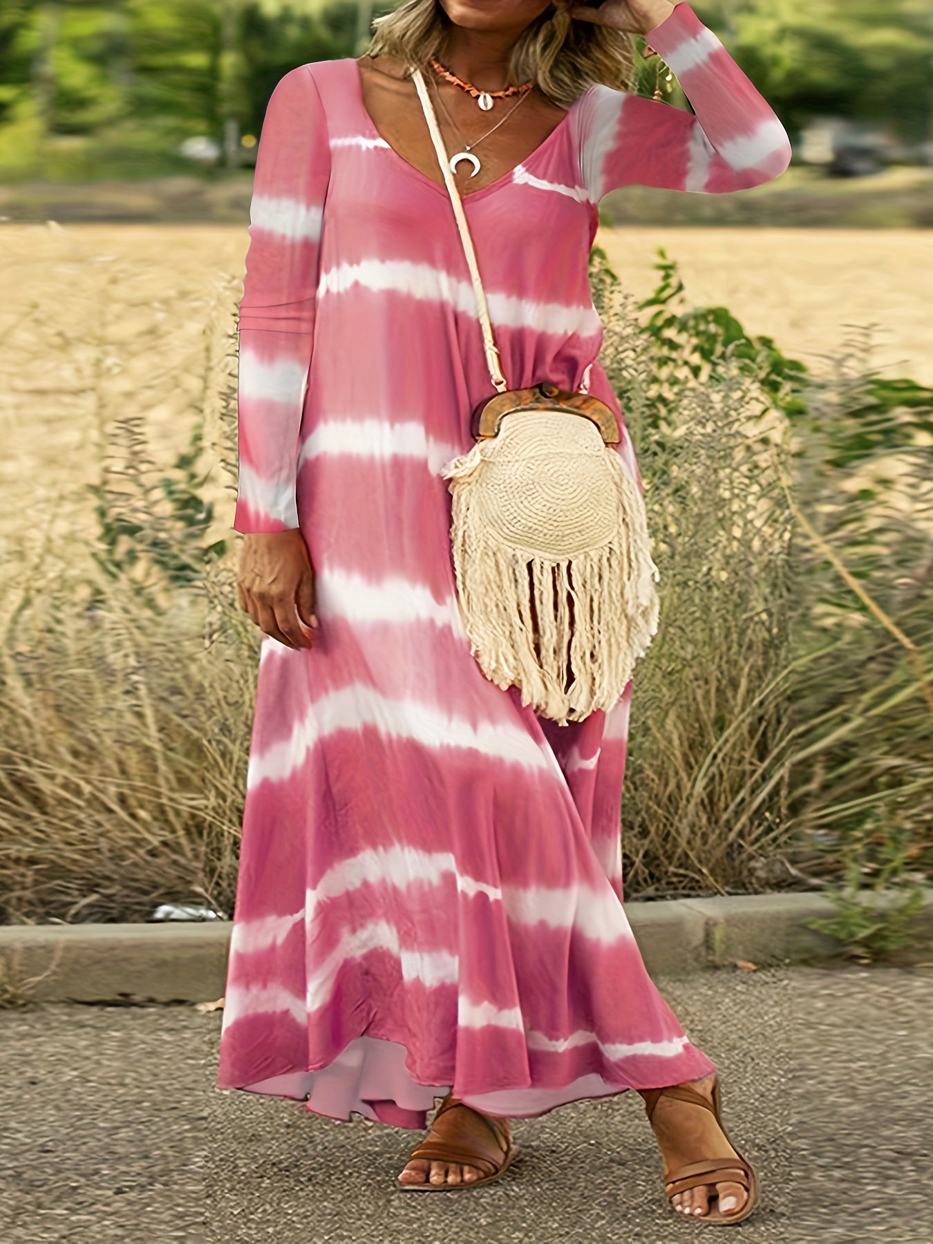 Women's Plus Stripe Print Long Sleeve V Neck Maxi Dress