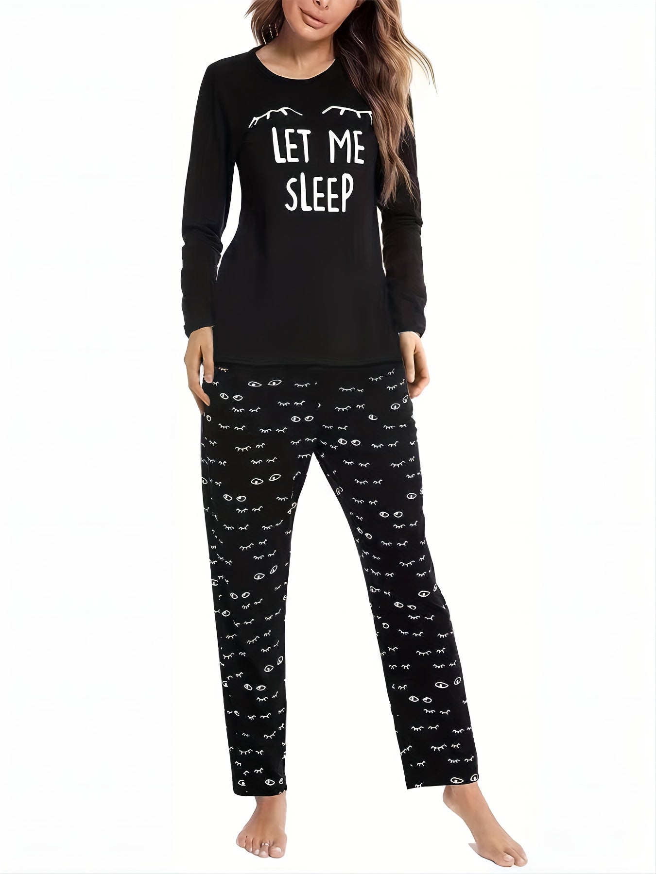 Eyelash Print Pajama Set Long Sleeve Top & Pants Women's Sleepwear