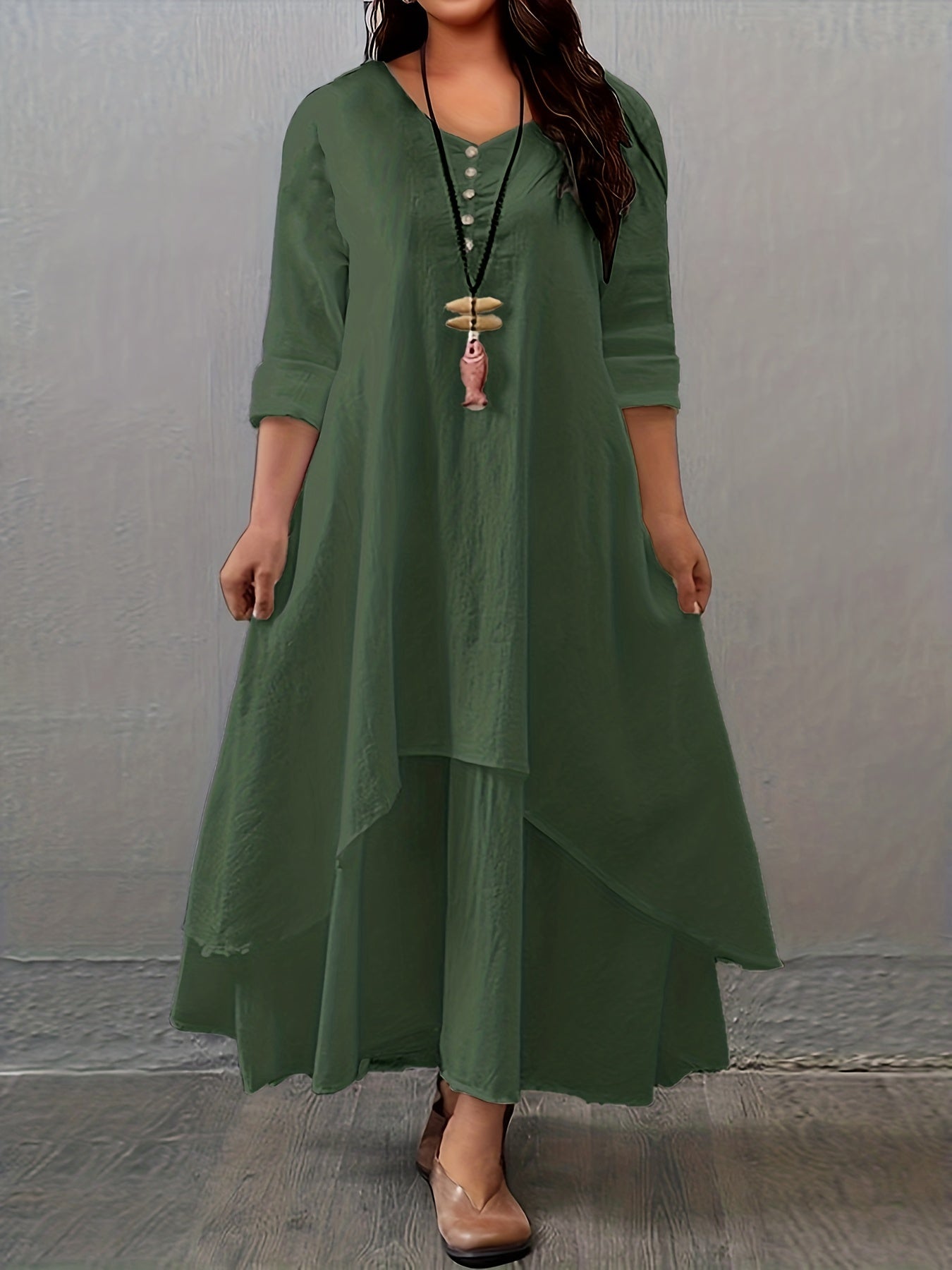  Button Decor Ruched V Neck Maxi Dress