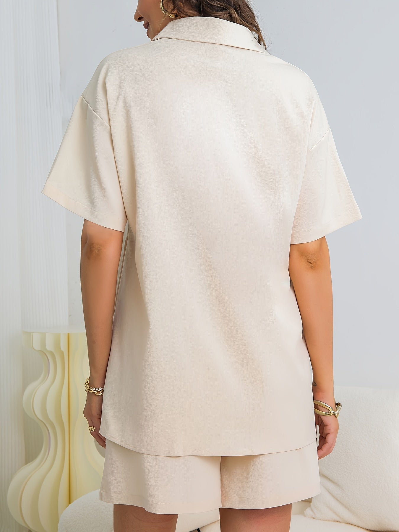 Solid Lounge Set Short Sleeve Buttons Top & Lace Up Shorts