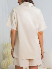 Solid Lounge Set Short Sleeve Buttons Top & Lace Up Shorts