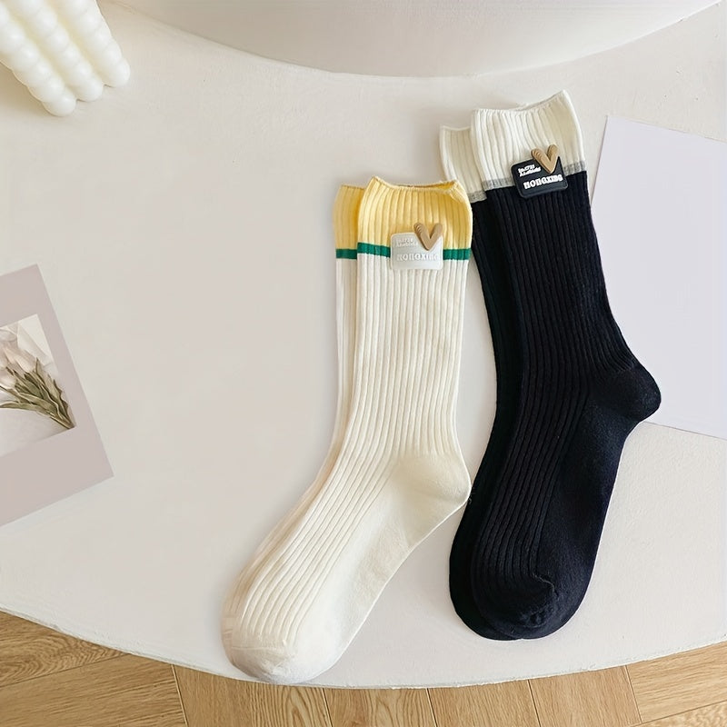 Heart Pattern Ribbed Socks Breathable Women's Mid Tube Stockings