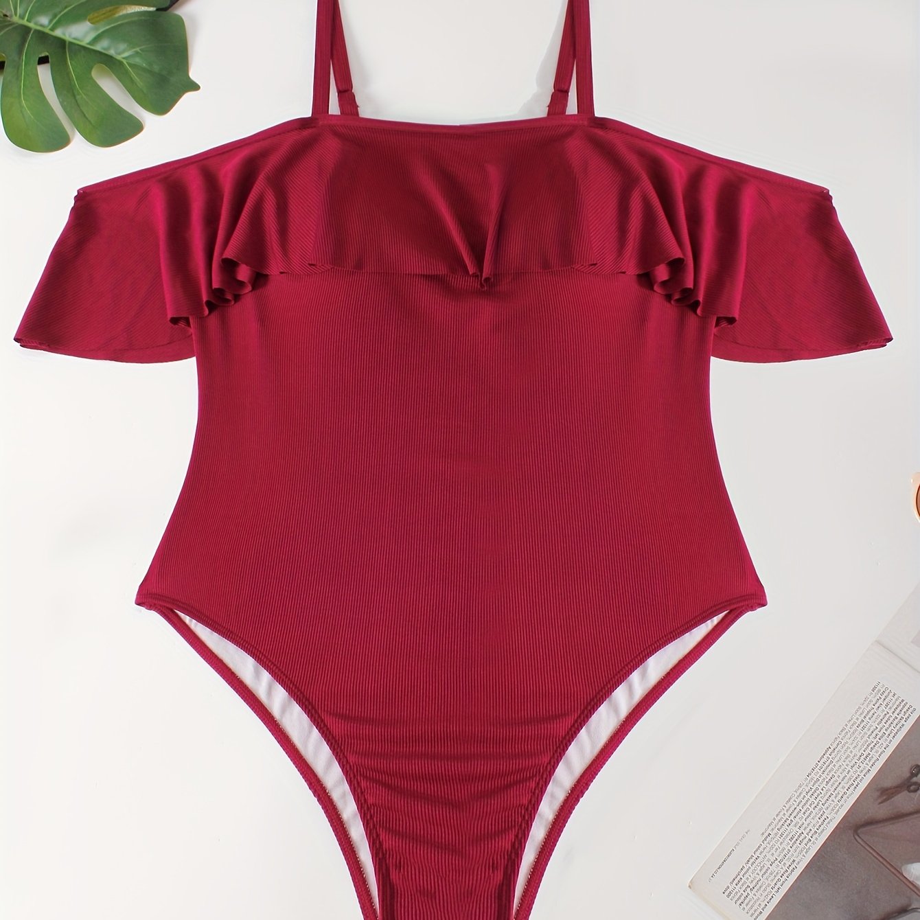  Swimsuit Women's Plus Cold Shoulder Ruffle Trim One Piece