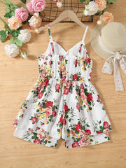 Toddler Girls Lace Trim Flowers Graphic Cami Rompers Wide Leg Jumpsuits