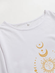 Women's Plus Moon & Sun Print Roll Up Sleeve Round Neck Tunic Dress