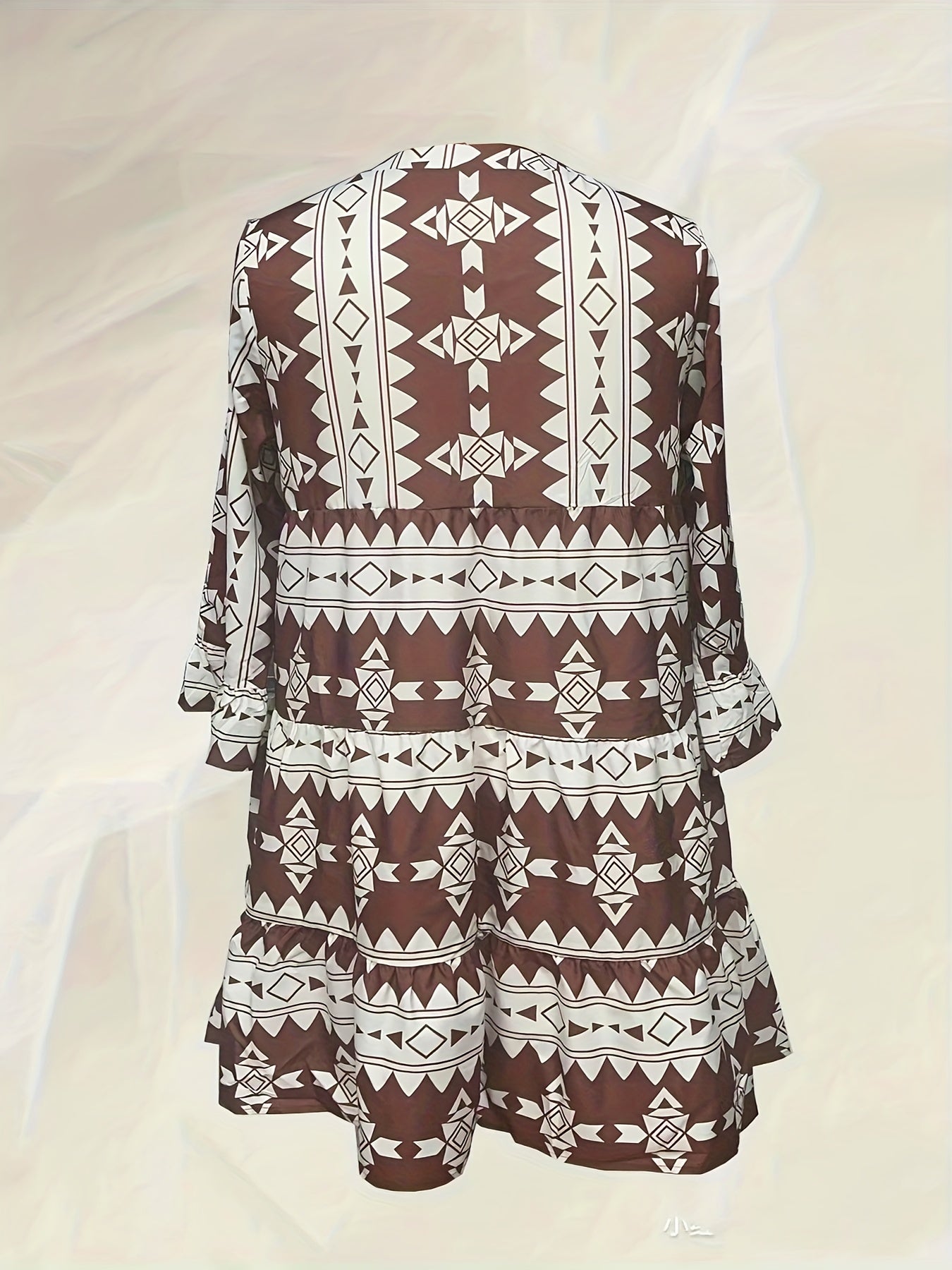  Bell Sleeve Geometric Print V Neck Smock Mini Dress
