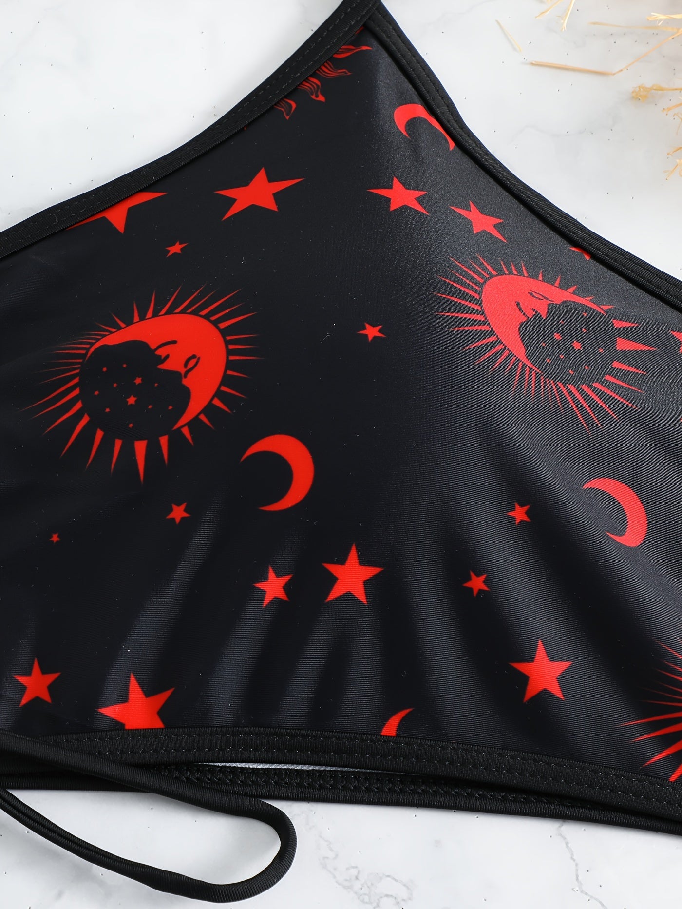  Gothic Bikini Set Sun & Moon Print Lace Up Halter Bra & Panty Swimsuit