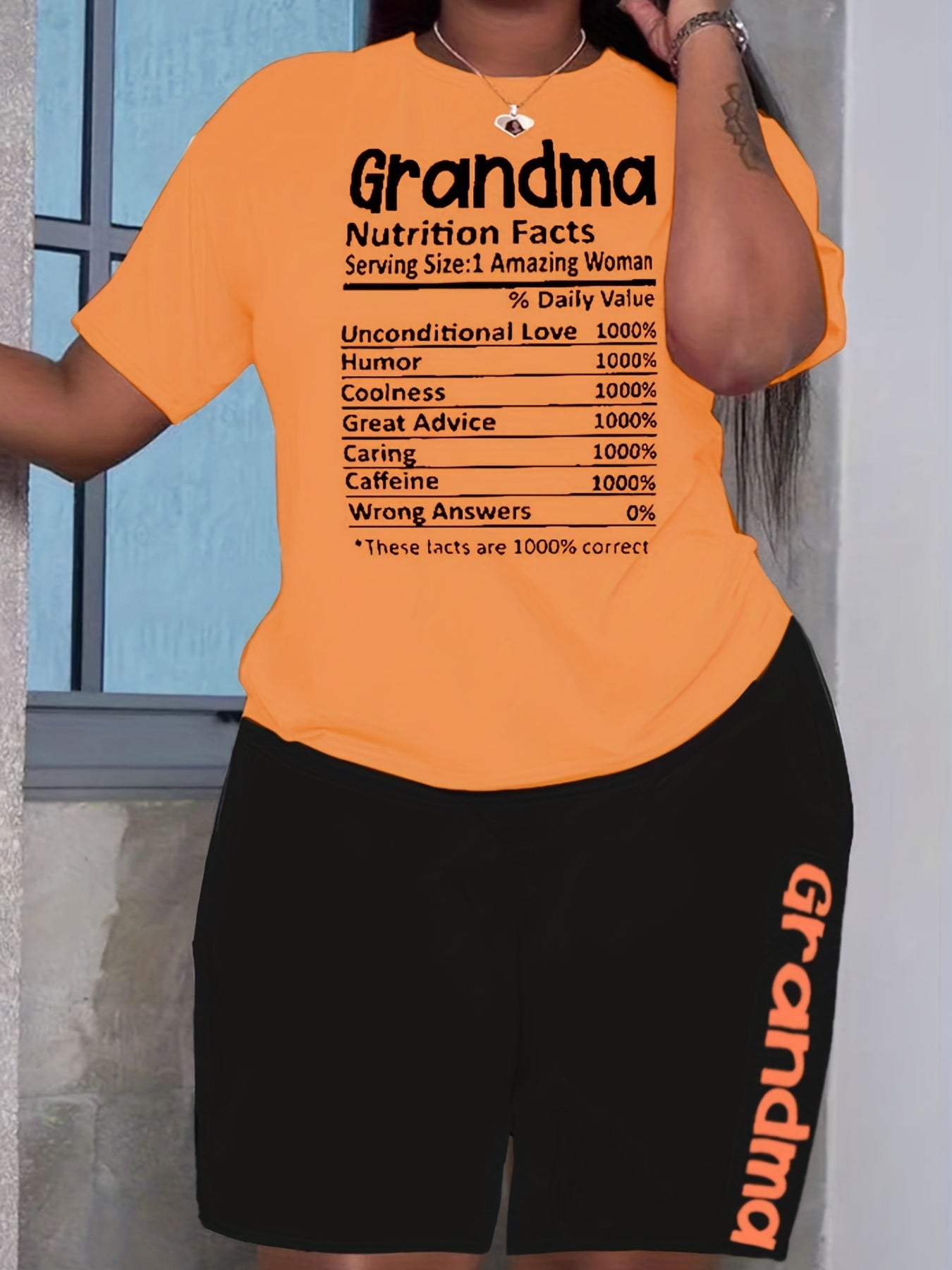 Women's Plus Letter Print 2PC Set Round Neck Top & Shorts