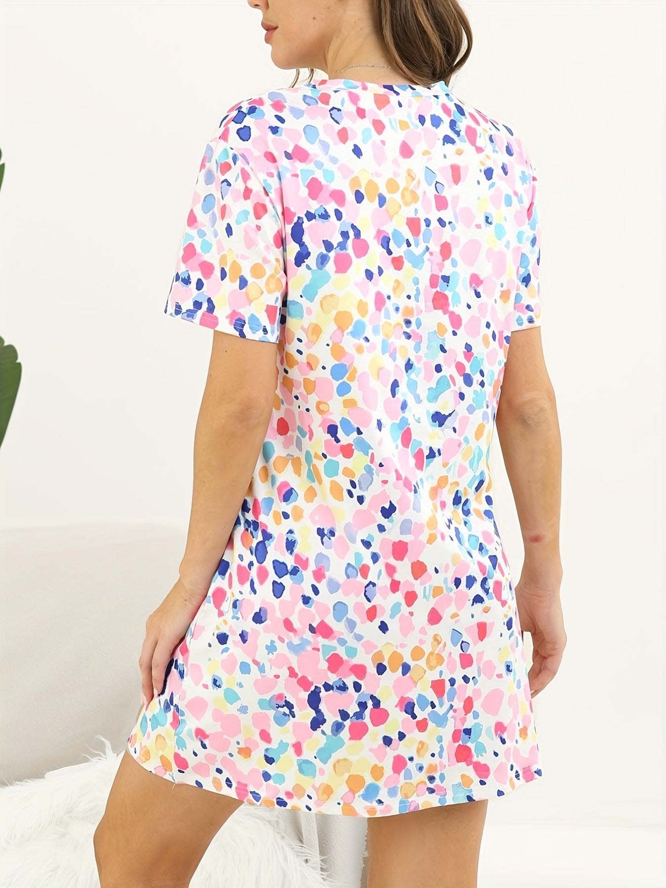 Polka Dot Lounge Dress Crew Neck Short Sleeve Home Dress Women's Loungewear