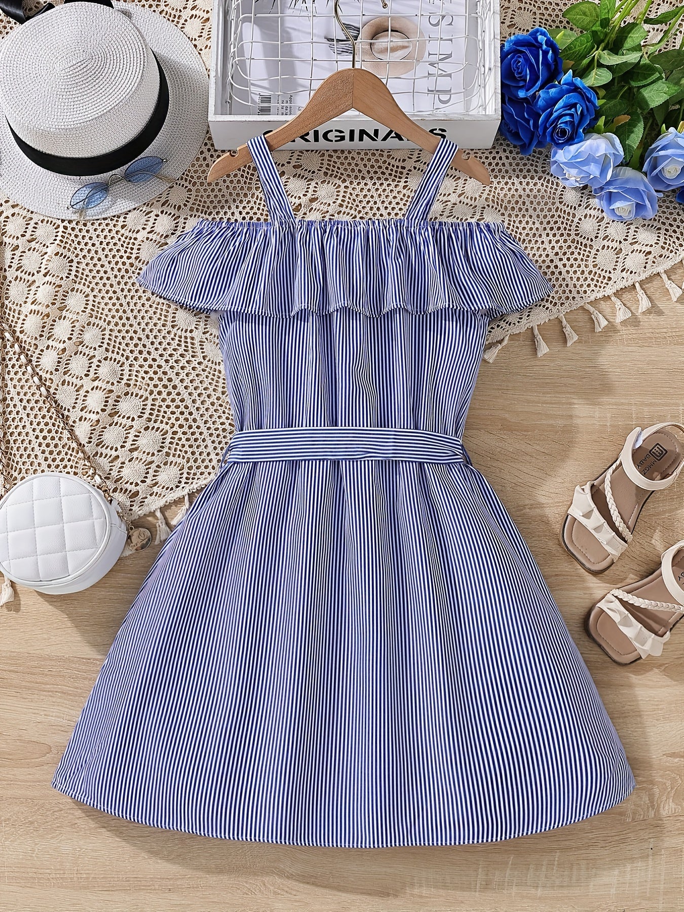 Girls' Striped Off Shoulder Slip Dress with Belt