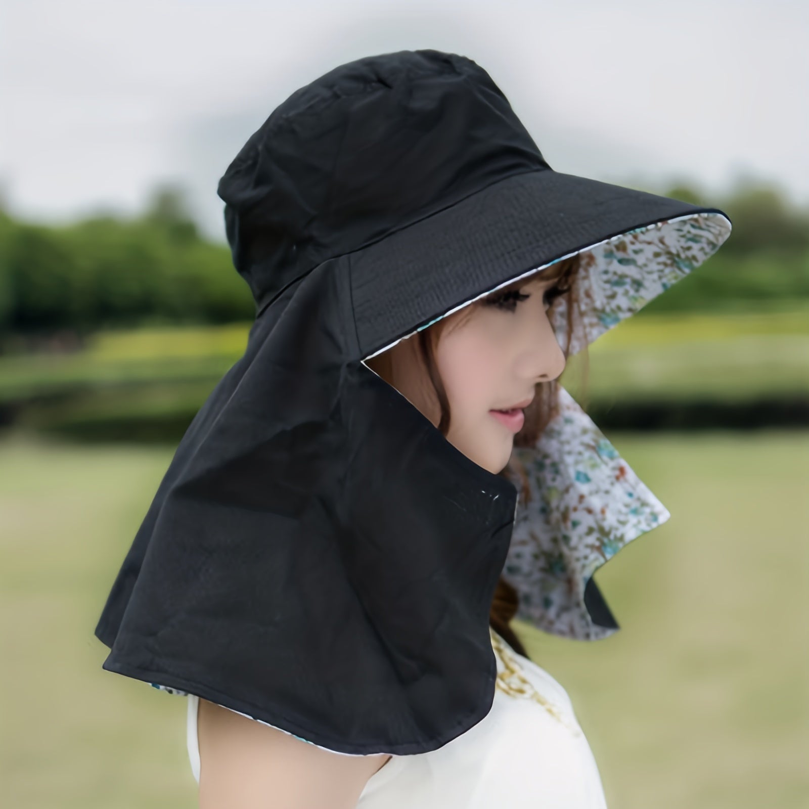 Flower Print Sun Hat Wide Neck Guard UV Protection Visor Hat