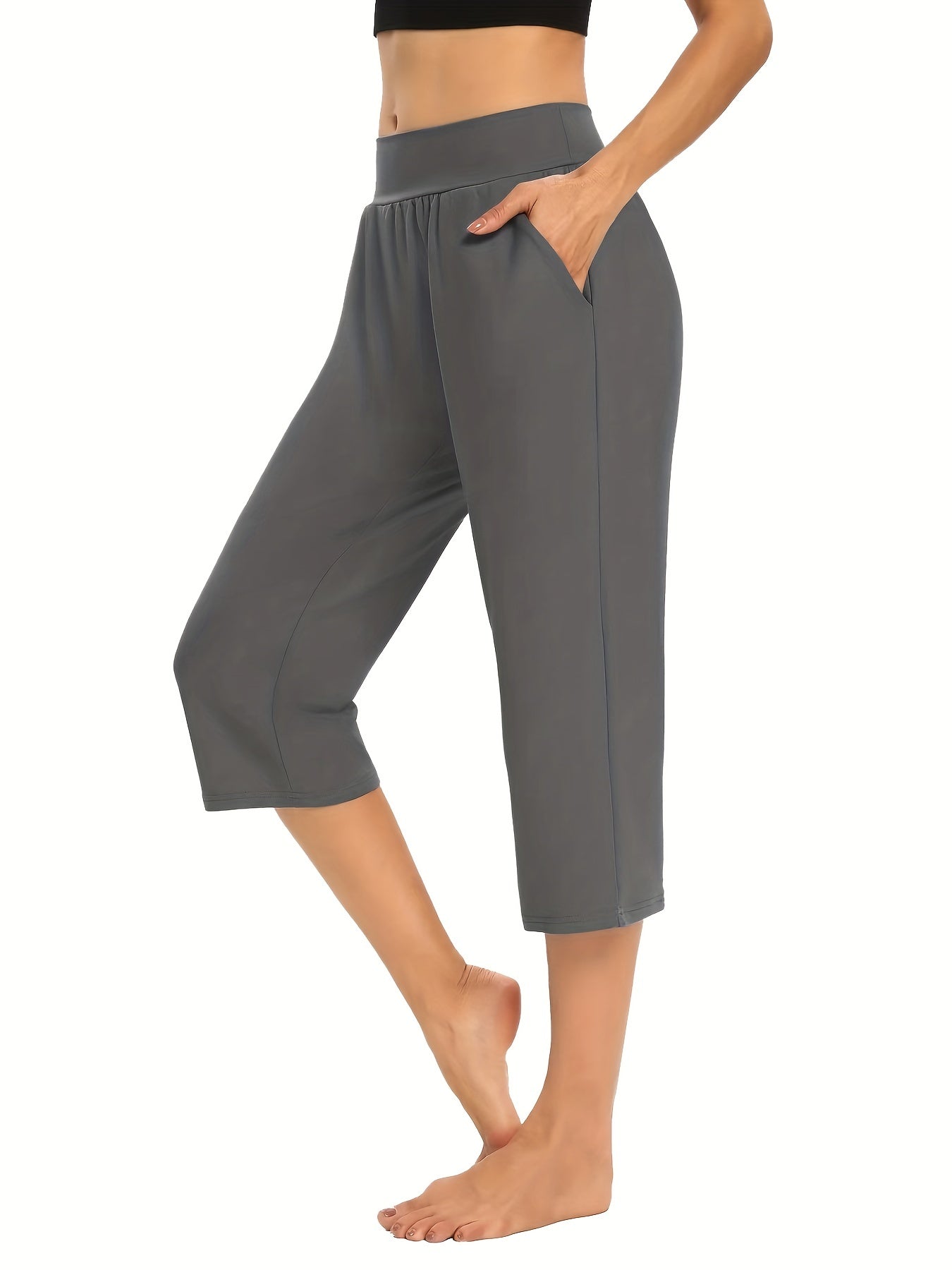 Elastic Waist Pocket Cropped Pants Casual Stretchy Stylish Pants