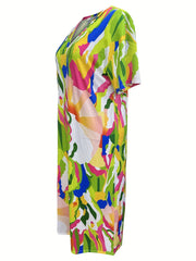 Plus Size Casual Dress Women's Plus Allover Print Bat Sleeve V Neck Maxi Dress