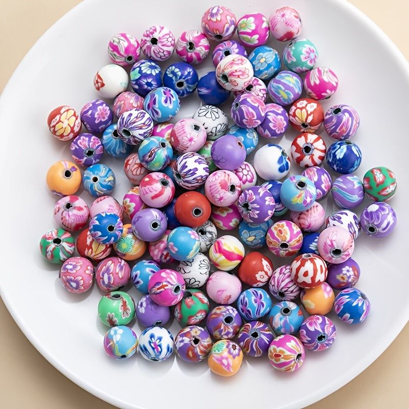 50pcs 8mm Polymer Clay Beads Round Spacer Flower Beads For Jewelry Making