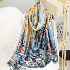 Plum Blossom Print Scarf Satin Head Wrap Silky Large Shawl Hair Accessories