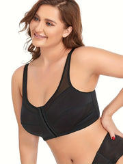 Plus Size Sports Bra Women's Plus Solid Closure Front Wireless Fitness Mesh Bra