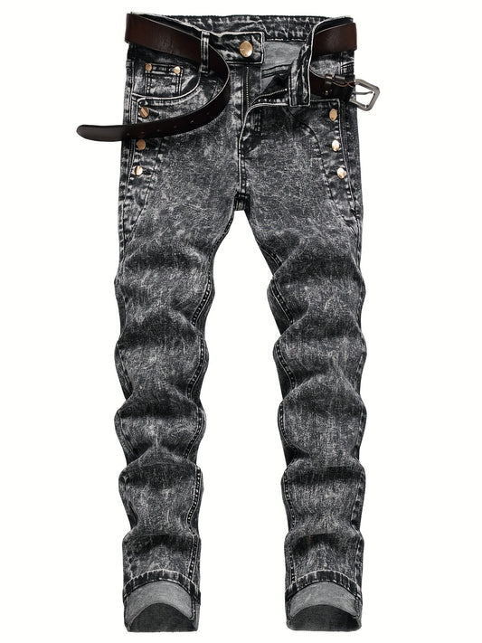 Slim Fit Flakes Pattern Biker Jeans Men's Casual Street Style Denim Pants